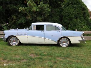 Vintage light-blue classic car parked along a wooden fence with dense hedge and trees in the background